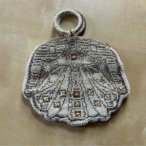 Beaded Shell-Pattern Wristlet Clutch in Ivory and Taupe